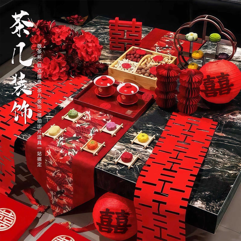 Chinese-Style Wedding Room Coffee Table Decoration Wedding Decoration Tea Ceremony Set Wedding Engagement Banquet Ritual Table Setting Complete Set - Image 3